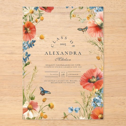 Invitations En Acrylique Élégante Dainty Fleur sauvage fête de graduation (Recto)