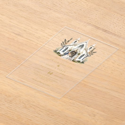 Invitations En Acrylique Elégante Eglise aquarelle Lieu Manoir Mariage (Poser)