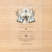 Invitations En Acrylique Elégante Eglise aquarelle Lieu Manoir Mariage (Recto)