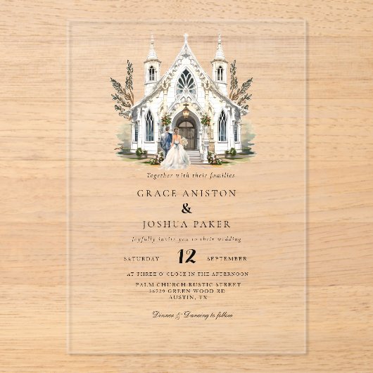 Invitations En Acrylique Elégante Eglise aquarelle Lieu Manoir Mariage (Recto)