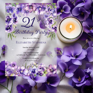 Invitations En Acrylique Élégante Fête d'anniversaire 21 ans aux violettes
