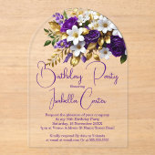 Invitations En Acrylique Élégante fête d'anniversaire violet blanc or flora (Recto)