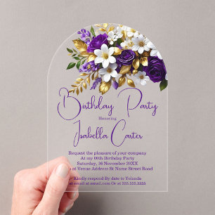 Invitations En Acrylique Élégante fête d'anniversaire violet blanc or flora