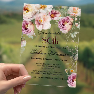 Invitations En Acrylique Élégante fête de 80e anniversaire de Fleur sauvage