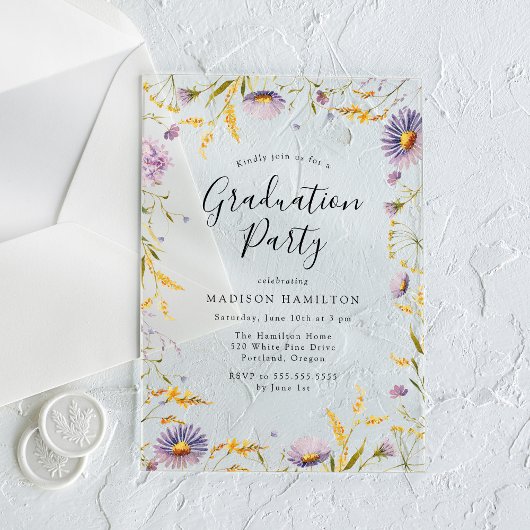 Invitations En Acrylique Élégante fête de graduation florale violette et ja