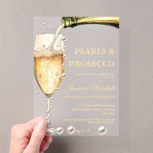 Invitations En Acrylique Élégante Fête de Mariage Perles d'Or & Prosecco