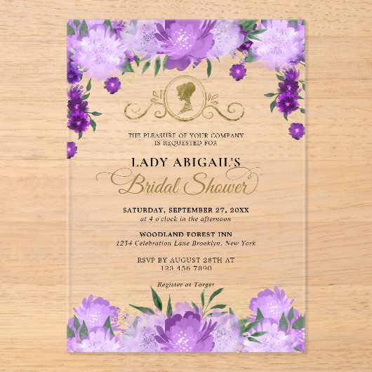 Invitations En Acrylique Élégante Fête des mariées florale violette victori (Recto)