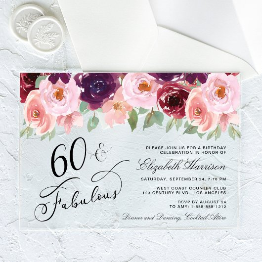 Invitations En Acrylique Élégante fête florale Bourgogne rose 60e anniversa
