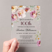 Invitations En Acrylique Élégante fête florale rose 100e anniversaire (In situ (ordinateur de poche))