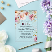 Invitations En Acrylique Élégante fête florale rose 100e anniversaire (Insitu (Mariage))