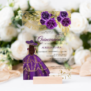 Invitations En Acrylique Élégante Fleur Violette Charra Quinceañera Violett