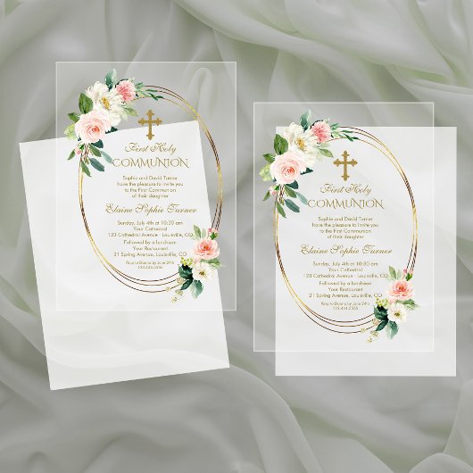 Invitations En Acrylique Elégante Fleurs de Blush Gold Première Communion S