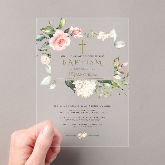 Invitations En Acrylique Élégante Fleurs Roses Gold Frame Girl Baptism (In situ (ordinateur de poche))