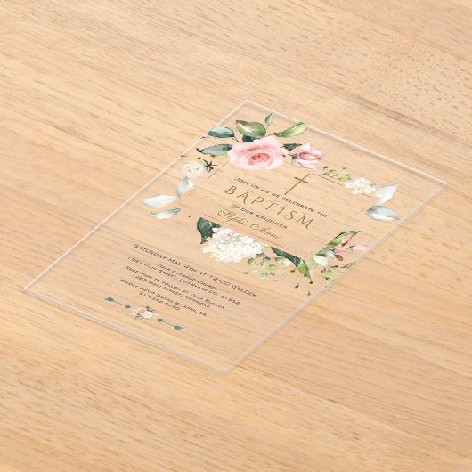 Invitations En Acrylique Élégante Fleurs Roses Gold Frame Girl Baptism (Poser)