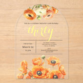Invitations En Acrylique Elégante Jardin Orange Fleurs 30ème anniversaire (Recto)
