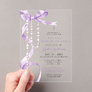 Invitations En Acrylique Élégante Lavande Bow & Rosaire Première Sainte Com