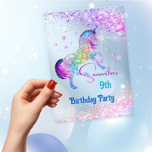 Invitations En Acrylique Elégante licorne rose aqua parties scintillant ann