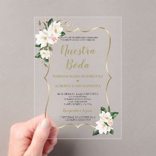 Invitations En Acrylique Elegante Magnolia Gold Espagnol Nuestra Boda