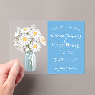 Invitations En Acrylique Elégante marguerite blanche Mason Jar Mariage Bleu