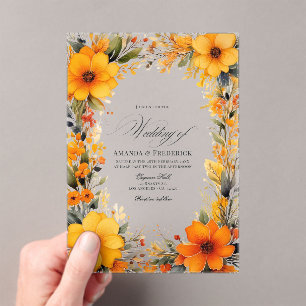 Invitations En Acrylique Élégante Mariage Floral Transparent Jaune & Orange