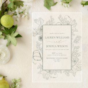 Invitations En Acrylique Élégante Mariage Floral Vert Sauge en Dessin au Tr