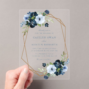 Invitations En Acrylique Elégante marine et mariage floral bleu clair
