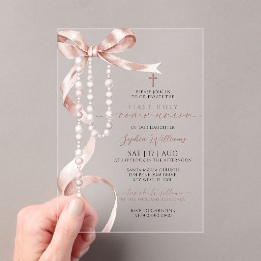 Invitations En Acrylique Élégante Mocha Bow & Rosary Première sainte commun (In situ (ordinateur de poche))