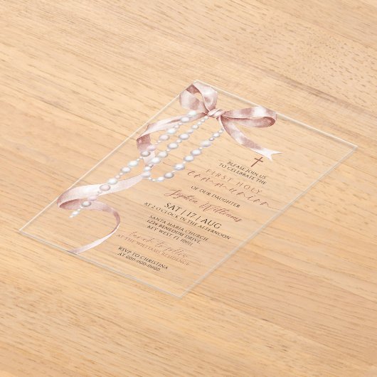 Invitations En Acrylique Élégante Mocha Bow & Rosary Première sainte commun (Poser)