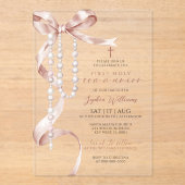 Invitations En Acrylique Élégante Mocha Bow & Rosary Première sainte commun (Recto)