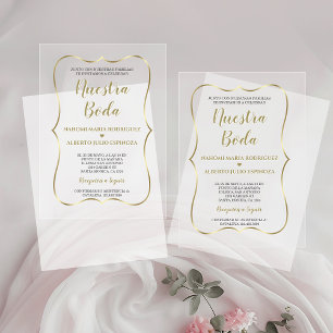 Invitations En Acrylique Élégante Or Espagnol Notre Mariage Calligraphie