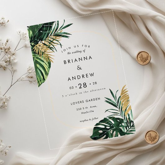 Invitations En Acrylique Elégante, Palme Verte, Bordure Or (Imitation)