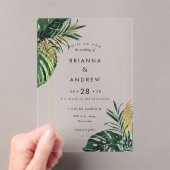 Invitations En Acrylique Elégante, Palme Verte, Bordure Or (Imitation) (In situ (ordinateur de poche))