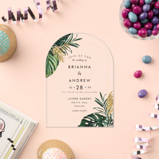 Invitations En Acrylique Elégante, Palme Verte, Bordure Or (Imitation) (Insitu (Célébration))