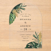 Invitations En Acrylique Elégante, Palme Verte, Bordure Or (Imitation) (Recto)