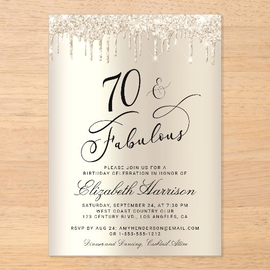 Invitations En Acrylique Elégante Parties scintillant d'or 70e fête d'anniv (Recto)
