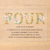 Invitations En Acrylique Elégante Parties scintillant d'or floral QUATRE 4e (Recto)