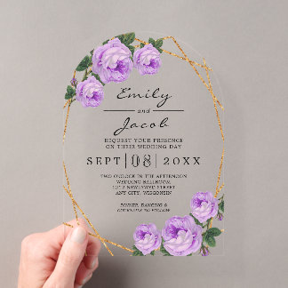 Invitations En Acrylique Elégante Parties scintillant d'or Géométrique Purp