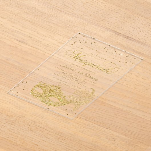 Invitations En Acrylique Elégante Parties scintillant d'or noir Masquerade (Poser)