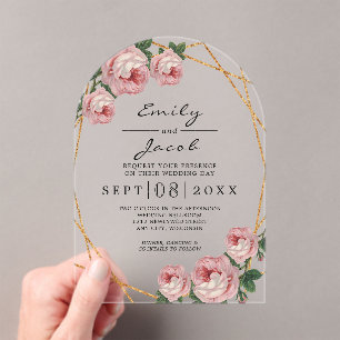 Invitations En Acrylique Elégante Parties scintillant or Mariage floral ros