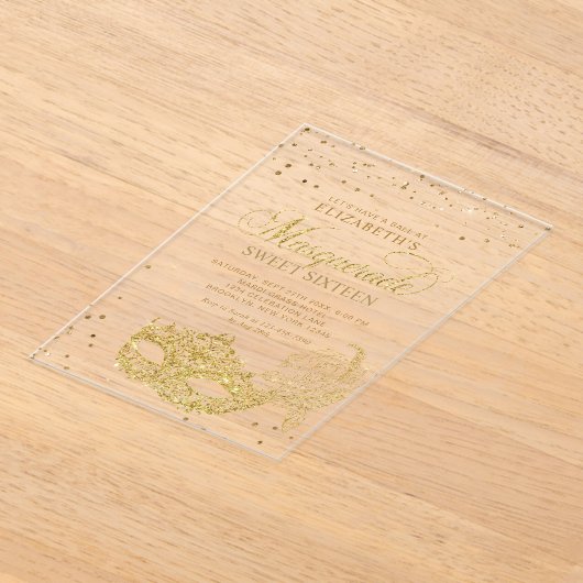 Invitations En Acrylique Elégante Parties scintillant or Masquerade Sweet 1 (Poser)
