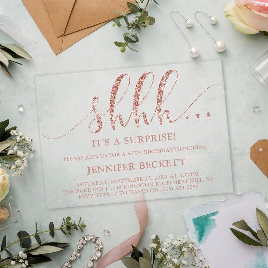 Invitations En Acrylique Elégante Parties scintillant Rose Gold Surprise fê