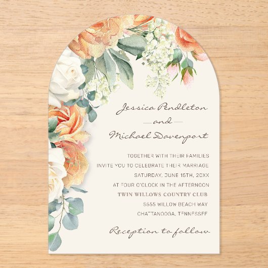 Invitations En Acrylique Elégante Pêche Blanc Floral Eucalyptus Mariage Arc (Recto)