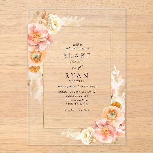Invitations En Acrylique Elégante Pêche, crème et Mariage floral jaune (Recto)