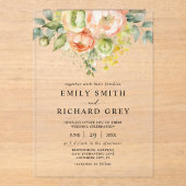 Invitations En Acrylique Elégante Pêche & Verdure Floral Foliage Mariage (Recto)