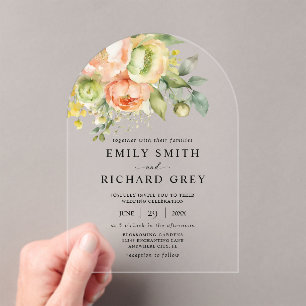 Invitations En Acrylique Elégante Pêche & Verdure Floral Foliage Mariage