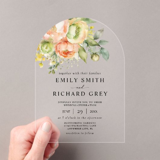 Invitations En Acrylique Elégante Pêche & Verdure Floral Foliage Mariage (In situ (ordinateur de poche))