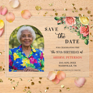 Invitations En Acrylique Élégante Photo Florale 97e Anniversaire Enregistre