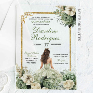 Invitations En Acrylique Elégante Princesse Sage Green Floral Quinceañera