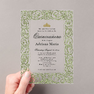 Invitations En Acrylique Élégante Quinceanera 15 ans Vert Sauge