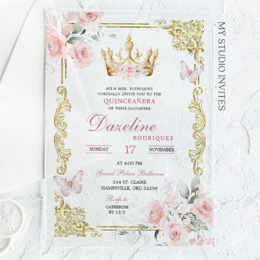 Invitations En Acrylique Élégante Quinceanera Couronne Rose Or